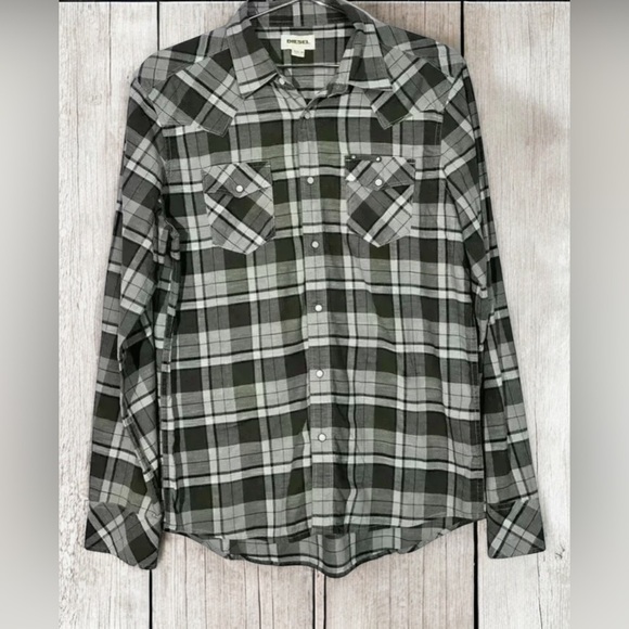 Vintage Diesel White & Grey Plaid Button Up Size Small - Picture 1 of 7